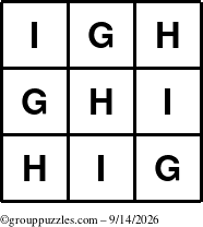 The grouppuzzles.com Answer grid for the TicTac-GHI puzzle for Monday September 14, 2026
