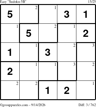 The grouppuzzles.com Easy Sudoku-5B puzzle for Monday September 14, 2026 with the first 3 steps marked