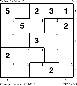 The grouppuzzles.com Medium Sudoku-5B puzzle for Monday September 14, 2026 with all 3 steps marked