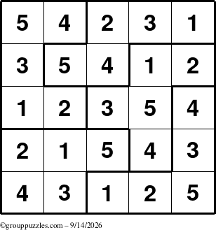 The grouppuzzles.com Answer grid for the Sudoku-5B puzzle for Monday September 14, 2026