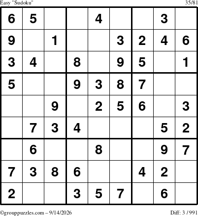The grouppuzzles.com Easy Sudoku puzzle for Monday September 14, 2026
