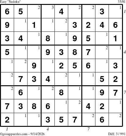 The grouppuzzles.com Easy Sudoku puzzle for Monday September 14, 2026, suitable for printing, with all 3 steps marked