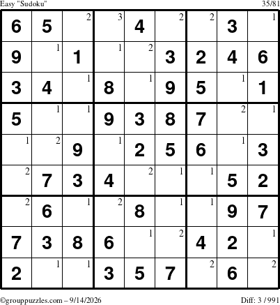 The grouppuzzles.com Easy Sudoku puzzle for Monday September 14, 2026 with the first 3 steps marked