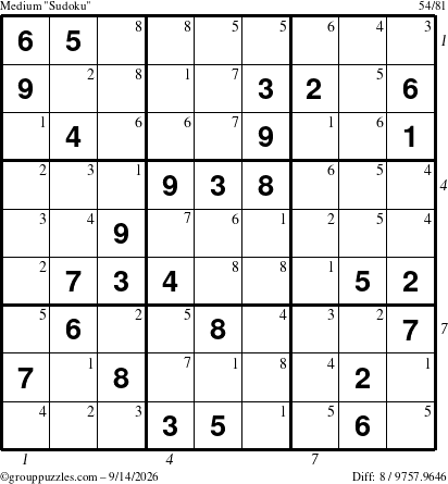 The grouppuzzles.com Medium Sudoku puzzle for Monday September 14, 2026 with all 8 steps marked