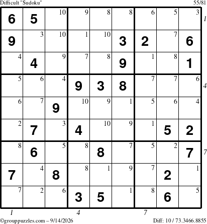 The grouppuzzles.com Difficult Sudoku puzzle for Monday September 14, 2026 with all 10 steps marked