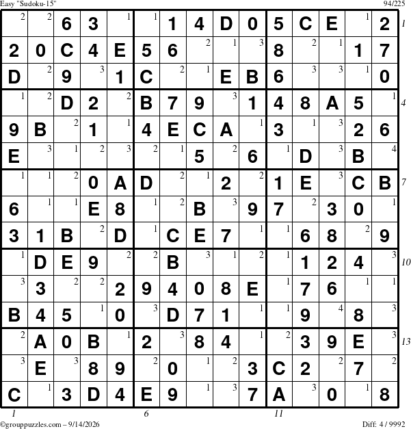 The grouppuzzles.com Easy Sudoku-15 puzzle for Monday September 14, 2026, suitable for printing, with all 4 steps marked