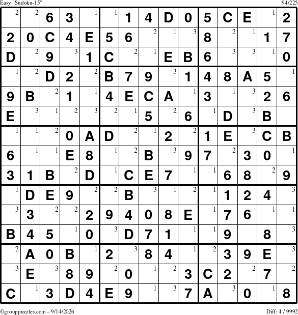 The grouppuzzles.com Easy Sudoku-15 puzzle for Monday September 14, 2026 with the first 3 steps marked