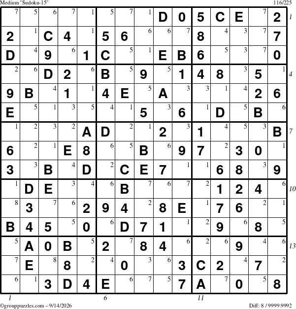 The grouppuzzles.com Medium Sudoku-15 puzzle for Monday September 14, 2026, suitable for printing, with all 8 steps marked