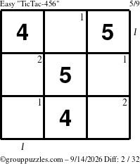 The grouppuzzles.com Easy TicTac-456 puzzle for Monday September 14, 2026, suitable for printing, with all 2 steps marked