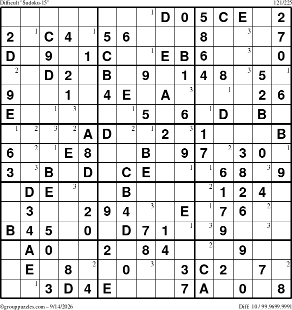 The grouppuzzles.com Difficult Sudoku-15 puzzle for Monday September 14, 2026 with the first 3 steps marked