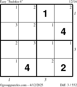 The grouppuzzles.com Easy Sudoku-4 puzzle for Saturday April 12, 2025, suitable for printing, with all 3 steps marked