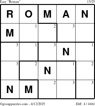 The grouppuzzles.com Easy Roman puzzle for Saturday April 12, 2025 with the first 3 steps marked