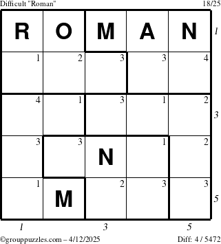 The grouppuzzles.com Difficult Roman puzzle for Saturday April 12, 2025, suitable for printing, with all 4 steps marked