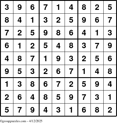The grouppuzzles.com Answer grid for the Sudoku puzzle for Saturday April 12, 2025