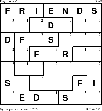 The grouppuzzles.com Easy Friends puzzle for Saturday April 12, 2025 with the first 3 steps marked