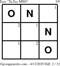 The grouppuzzles.com Easy TicTac-MNO puzzle for Saturday April 12, 2025 with the first 2 steps marked