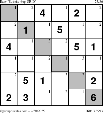 The grouppuzzles.com Easy Sudoku-6up-UR-D puzzle for Saturday September 20, 2025 with the first 3 steps marked