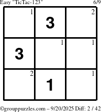 The grouppuzzles.com Easy TicTac-123 puzzle for Saturday September 20, 2025 with the first 2 steps marked