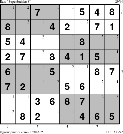 The grouppuzzles.com Easy SuperSudoku-8 puzzle for Saturday September 20, 2025, suitable for printing, with all 3 steps marked