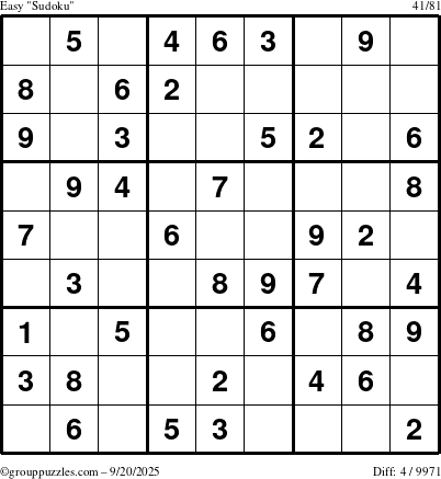 The grouppuzzles.com Easy Sudoku puzzle for Saturday September 20, 2025