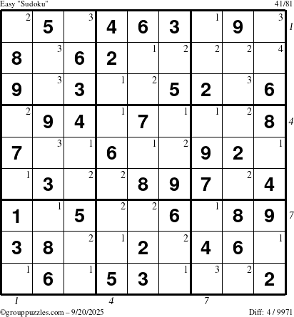 The grouppuzzles.com Easy Sudoku puzzle for Saturday September 20, 2025 with all 4 steps marked