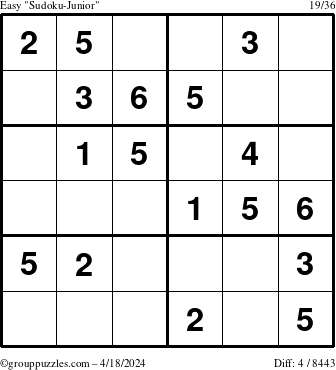 The grouppuzzles.com Easy Sudoku-Junior puzzle for Thursday April 18, 2024