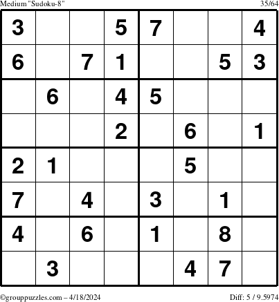 The grouppuzzles.com Medium Sudoku-8 puzzle for Thursday April 18, 2024