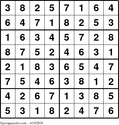 The grouppuzzles.com Answer grid for the Sudoku-8 puzzle for Thursday April 18, 2024