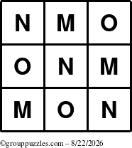 The grouppuzzles.com Answer grid for the TicTac-MNO puzzle for Saturday August 22, 2026
