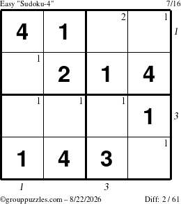 The grouppuzzles.com Easy Sudoku-4 puzzle for Saturday August 22, 2026, suitable for printing, with all 2 steps marked