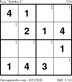 The grouppuzzles.com Easy Sudoku-4 puzzle for Saturday August 22, 2026 with the first 2 steps marked