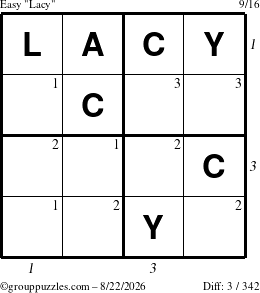The grouppuzzles.com Easy Lacy puzzle for Saturday August 22, 2026, suitable for printing, with all 3 steps marked