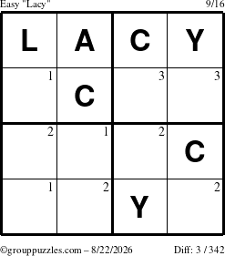 The grouppuzzles.com Easy Lacy puzzle for Saturday August 22, 2026 with the first 3 steps marked