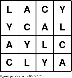 The grouppuzzles.com Answer grid for the Lacy puzzle for Saturday August 22, 2026
