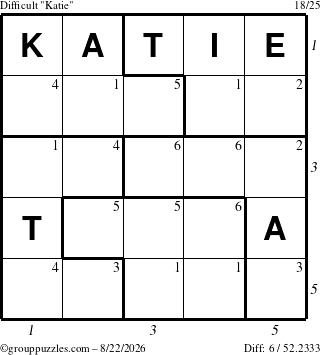 The grouppuzzles.com Difficult Katie puzzle for Saturday August 22, 2026, suitable for printing, with all 6 steps marked