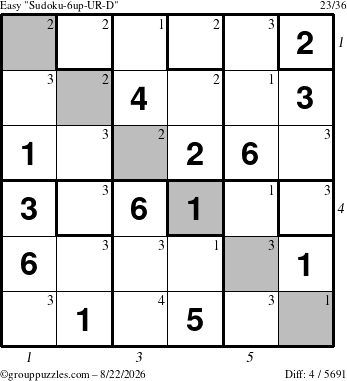 The grouppuzzles.com Easy Sudoku-6up-UR-D puzzle for Saturday August 22, 2026 with all 4 steps marked