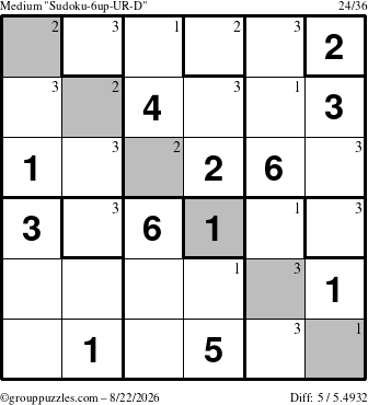 The grouppuzzles.com Medium Sudoku-6up-UR-D puzzle for Saturday August 22, 2026 with the first 3 steps marked