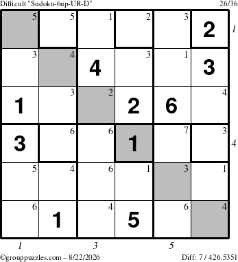 The grouppuzzles.com Difficult Sudoku-6up-UR-D puzzle for Saturday August 22, 2026, suitable for printing, with all 7 steps marked