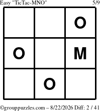 The grouppuzzles.com Easy TicTac-MNO puzzle for Saturday August 22, 2026