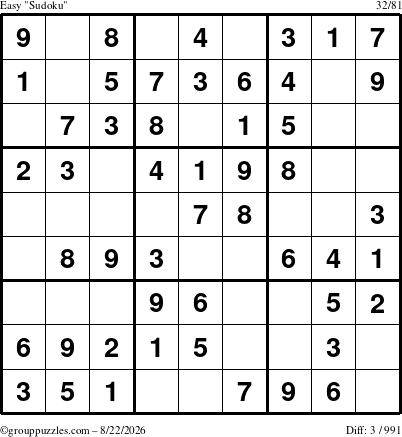 The grouppuzzles.com Easy Sudoku puzzle for Saturday August 22, 2026