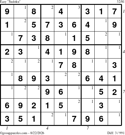 The grouppuzzles.com Easy Sudoku puzzle for Saturday August 22, 2026, suitable for printing, with all 3 steps marked