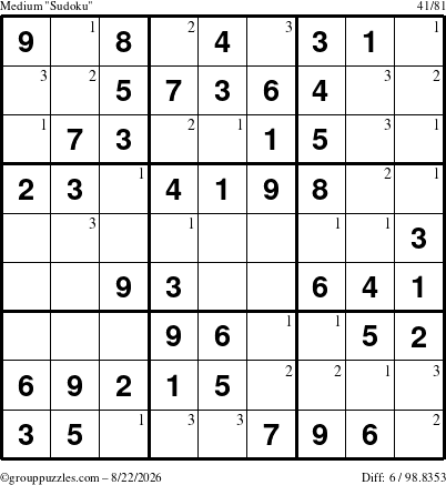 The grouppuzzles.com Medium Sudoku puzzle for Saturday August 22, 2026 with the first 3 steps marked