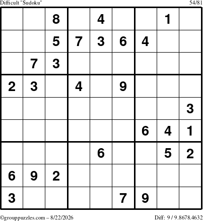 The grouppuzzles.com Difficult Sudoku puzzle for Saturday August 22, 2026