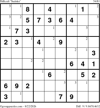 The grouppuzzles.com Difficult Sudoku puzzle for Saturday August 22, 2026 with the first 3 steps marked