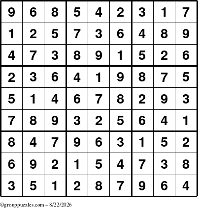 The grouppuzzles.com Answer grid for the Sudoku puzzle for Saturday August 22, 2026