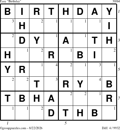 The grouppuzzles.com Easy Birthday puzzle for Saturday August 22, 2026 with all 4 steps marked