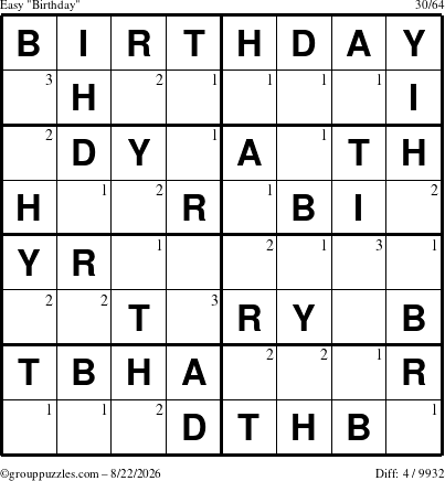 The grouppuzzles.com Easy Birthday puzzle for Saturday August 22, 2026 with the first 3 steps marked