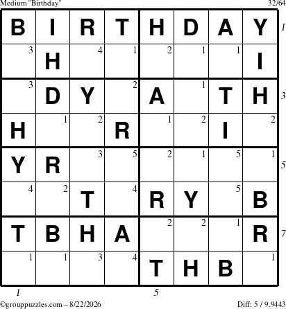 The grouppuzzles.com Medium Birthday puzzle for Saturday August 22, 2026, suitable for printing, with all 5 steps marked