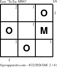 The grouppuzzles.com Easy TicTac-MNO puzzle for Saturday August 22, 2026, suitable for printing, with all 2 steps marked