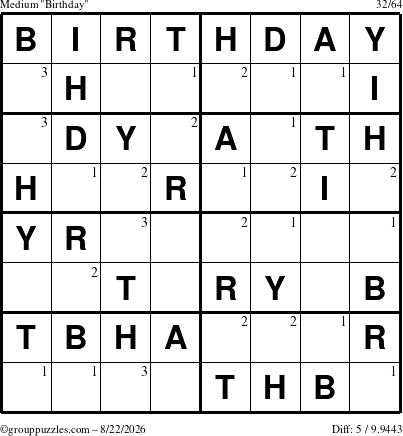 The grouppuzzles.com Medium Birthday puzzle for Saturday August 22, 2026 with the first 3 steps marked